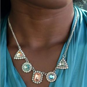 NEW Boutique Vintage Blue, Coral & Silver Diamond Rhinestone Formal Necklace